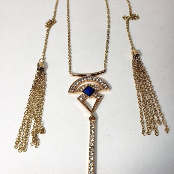 GUESS Gold Layered Fringed 34" Necklace - Blue Stone Sparkling Crystal Pendant - Picture 3 of 6